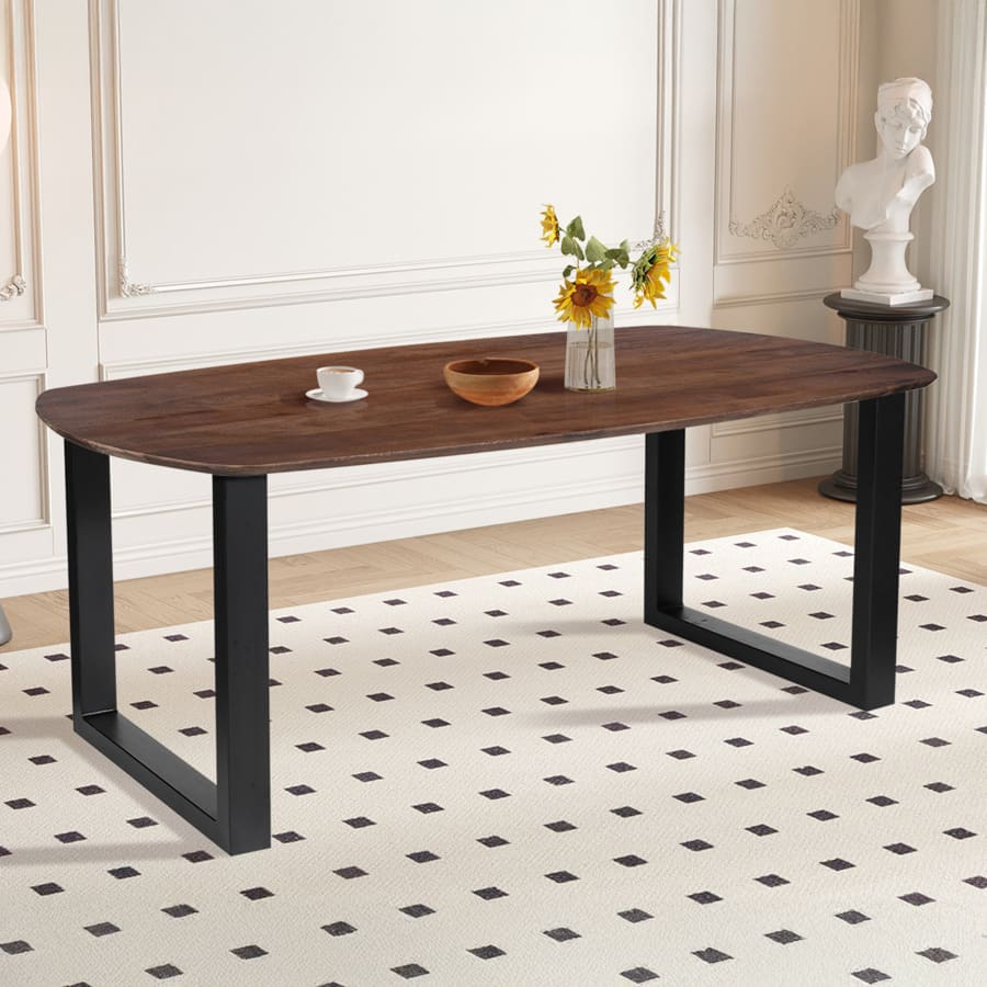 Table &agrave; manger ovale en bois de manguier clair pieds en m&eacute;tal noir 220 cm